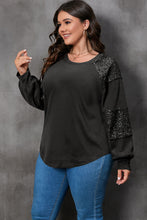 Load image into Gallery viewer, Black Plus Size Sequin Patchwork Crew Neck Long Sleeve Top
