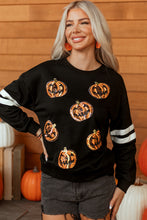 Load image into Gallery viewer, Black Halloween Pumpkin Face Sequin Patched Oversize Varsity Sweatshirt
