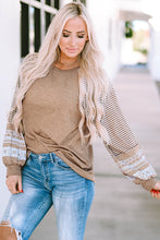 Load image into Gallery viewer, Light French Beige Floral Striped Patchwork Loose Long Sleeve Top
