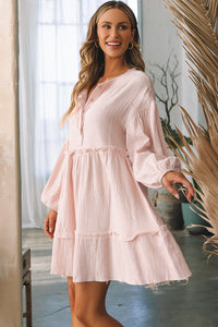 Oatmeal Crinkle Distressed Puff Sleeve Flared Dress
