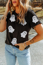 Load image into Gallery viewer, Black Glitter Ghost Pattern Crew Neck Halloween T Shirt
