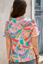 Load image into Gallery viewer, Multicolor Abstract Geometry Print Frilled V Neck Blouse
