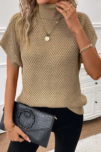 Black Turtleneck Textured Short Sleeve Sweater