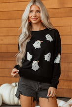 Load image into Gallery viewer, Black Sequin Cute Bow Ghost Graphic Crew Neck Halloween Sweatshirt
