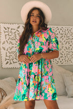 Load image into Gallery viewer, Green Floral Puff Sleeve Collar Buttoned Babydoll Dress
