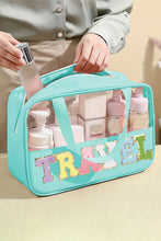 Load image into Gallery viewer, Purple TRAVEL Chenille Letter Clear PVC Makeup Bag
