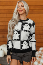 Load image into Gallery viewer, Black Halloween Ghost Checkered Drop Shoulder Sweater
