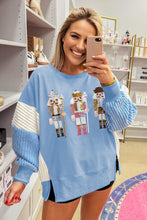 Load image into Gallery viewer, Beau Blue Sequin Nutcracker Textured Sleeve Patchwork Color Block Sweatshirt
