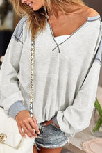 Load image into Gallery viewer, Gray Exposed Seam Ribbed Patchwork V Neck Sweatshirt
