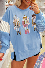 Load image into Gallery viewer, Beau Blue Sequin Nutcracker Textured Sleeve Patchwork Color Block Sweatshirt
