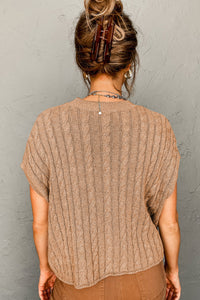 Black Crew Neck Cable Knit Short Sleeve Sweater