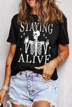 Load image into Gallery viewer, Black STAYING ALIVE Funny Skeleton Print Round Neck T Shirt
