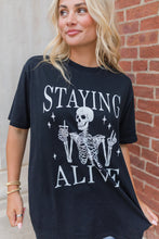 Load image into Gallery viewer, Black STAYING ALIVE Funny Skeleton Print Round Neck T Shirt

