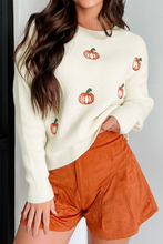 Load image into Gallery viewer, Beige Pumpkin Embroidered Ribbed Thanksgiving Halloween Holiday Sweater
