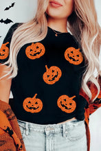 Load image into Gallery viewer, Black Glittering Pumpkin Face Graphic Crewneck Halloween T Shirt
