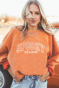 Orange SPOOKY SEASON Embroidered Letter Graphic Twisted Ribbed Sweatshirt