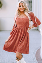 Load image into Gallery viewer, Brown Suede Square Neck Puff Sleeve Dress
