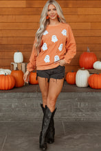 Load image into Gallery viewer, Orange Twisted Ribbed Texture Halloween Ghost Sequin Patched Sweatshirt
