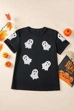 Load image into Gallery viewer, Black Glitter Ghost Pattern Crew Neck Halloween T Shirt
