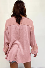 Load image into Gallery viewer, Pink Exposed Seam Patchwork Bubble Sleeve Waffle Knit Top
