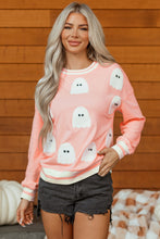 Load image into Gallery viewer, Gossamer Pink Halloween Terry Ghost Striped Trim Loose Sweatshirt
