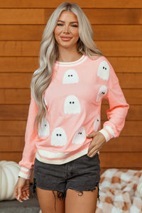 Gossamer Pink Halloween Terry Ghost Striped Trim Loose Sweatshirt