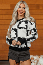Load image into Gallery viewer, Black Halloween Ghost Checkered Drop Shoulder Sweater
