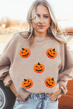 Load image into Gallery viewer, Apricot Twisted Rib Texture Chenille Halloween Pumpkin Patched Drop Shoulder Sweatshirt
