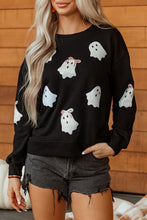 Load image into Gallery viewer, Black Sequin Cute Bow Ghost Graphic Crew Neck Halloween Sweatshirt
