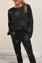 Load image into Gallery viewer, Gray Stars Print Long Sleeve Drawstring High Waist Lounge Set
