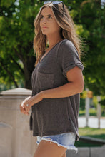 Load image into Gallery viewer, Carbon Grey Twist Short Sleeve Corded V Neck Top
