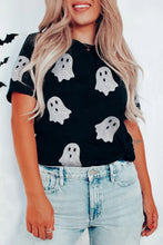 Load image into Gallery viewer, Black Glitter Ghost Pattern Crew Neck Halloween T Shirt
