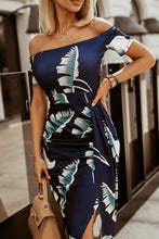 Load image into Gallery viewer, Green Floral Print Off Shoulder Slit Bodycon Midi Dress

