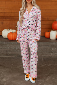 Pink Halloween Eve Haunted Honey Bat Print Pajama Set