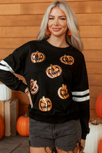 Load image into Gallery viewer, Black Halloween Pumpkin Face Sequin Patched Oversize Varsity Sweatshirt
