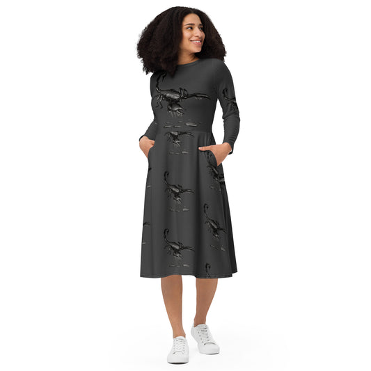 Scorpio (G2) All-over print long sleeve midi dress