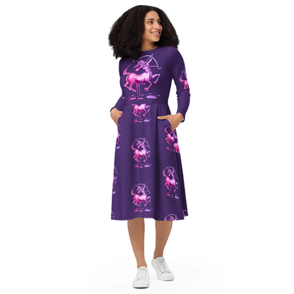 Sagittarius (G2) All-over print long sleeve midi dress