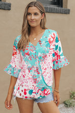 Load image into Gallery viewer, Multicolor Leopard Floral Mixed Print Ruffle Sleeve Surplice Blouse
