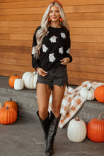 Load image into Gallery viewer, Black Sequin Cute Bow Ghost Graphic Crew Neck Halloween Sweatshirt
