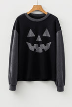 Load image into Gallery viewer, Black Halloween Rhinestone Pumpkin Face Contrast Ribbed Long Sleeve Patchwork Top
