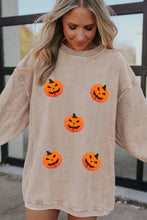 Load image into Gallery viewer, Apricot Twisted Rib Texture Chenille Halloween Pumpkin Patched Drop Shoulder Sweatshirt
