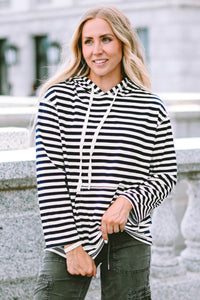 Burgundy Stripe Kangaroo Pocket Drawstring Hoodie