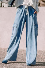 Load image into Gallery viewer, Sky Blue Drawstring High Waist Cargo Pocket Wide Leg Jeans
