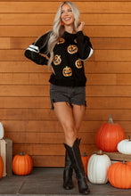 Load image into Gallery viewer, Black Halloween Pumpkin Face Sequin Patched Oversize Varsity Sweatshirt
