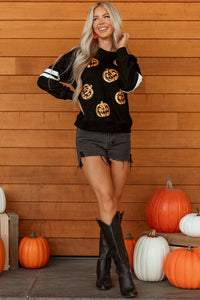 Black Halloween Pumpkin Face Sequin Patched Oversize Varsity Sweatshirt
