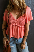 Load image into Gallery viewer, Oatmeal Shirred V Neck Short Flutter Sleeve Textured Blouse
