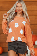 Load image into Gallery viewer, Orange Twisted Ribbed Texture Halloween Ghost Sequin Patched Sweatshirt
