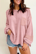 Load image into Gallery viewer, Pink Exposed Seam Patchwork Bubble Sleeve Waffle Knit Top
