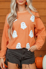 Load image into Gallery viewer, Orange Twisted Ribbed Texture Halloween Ghost Sequin Patched Sweatshirt
