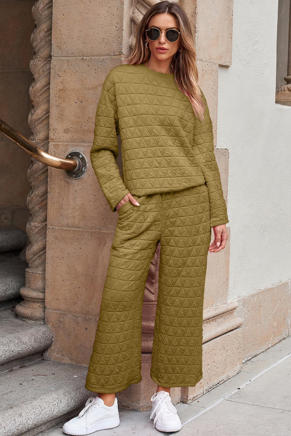 Pink Solid Quilted Pullover and Pants Outfit